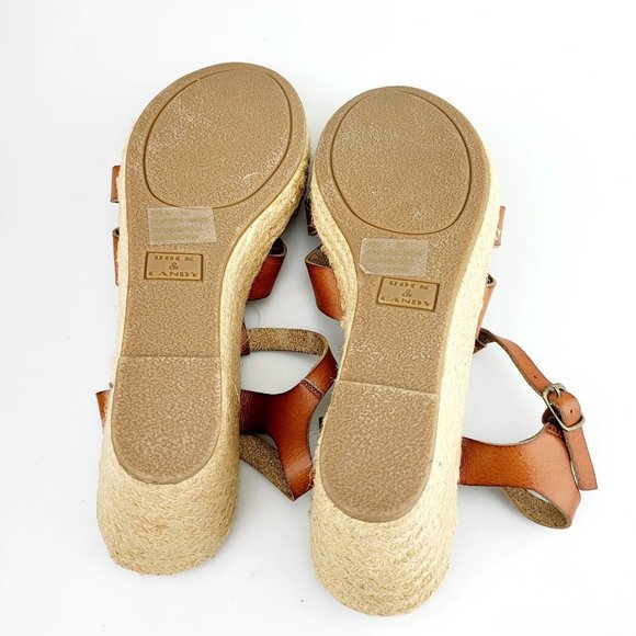 NEW ROCK & CANDY Brown Leather Espadrilles Wedge‎ 10 Platform Open Toe Strappy - Picture 12 of 13